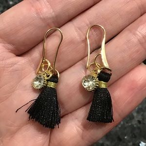 18k gold tassle diamond  crystal earrings black